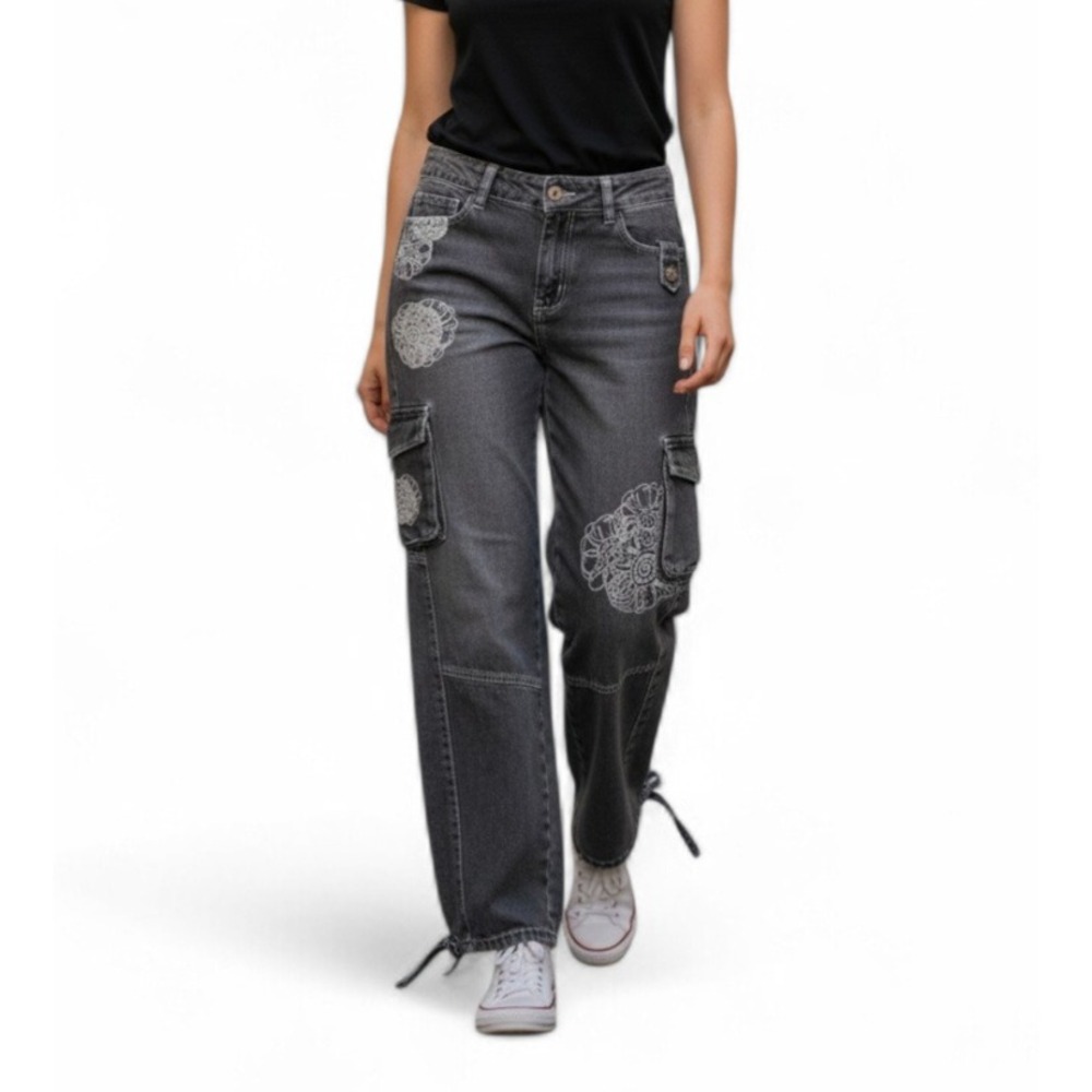 Y2K Grey Cargo Jeans Wide Leg Floral Indie‎ Boho Grunge Pants